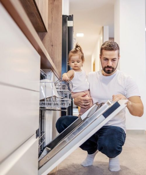 A,Father,And,His,Daughter,Are,Finishing,Chores,And,Putting