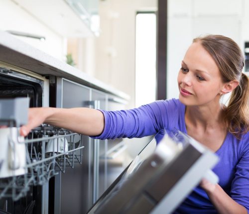 Housework:,Young,Woman,Putting,Dishes,In,The,Dishwasher