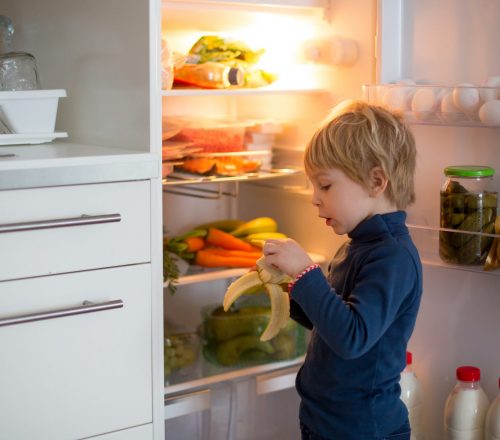 Cute,Toddler,Blond,Child,,Opening,The,Fridge,Door,And,Taking