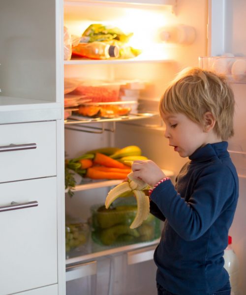 Cute,Toddler,Blond,Child,,Opening,The,Fridge,Door,And,Taking